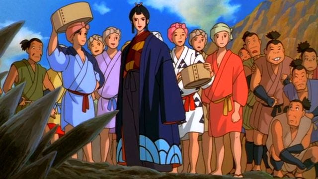 Image tirée du film Princesse Mononoké du studio Ghibli avec un groupe de femmes et d'hommes qui regardent au loin.