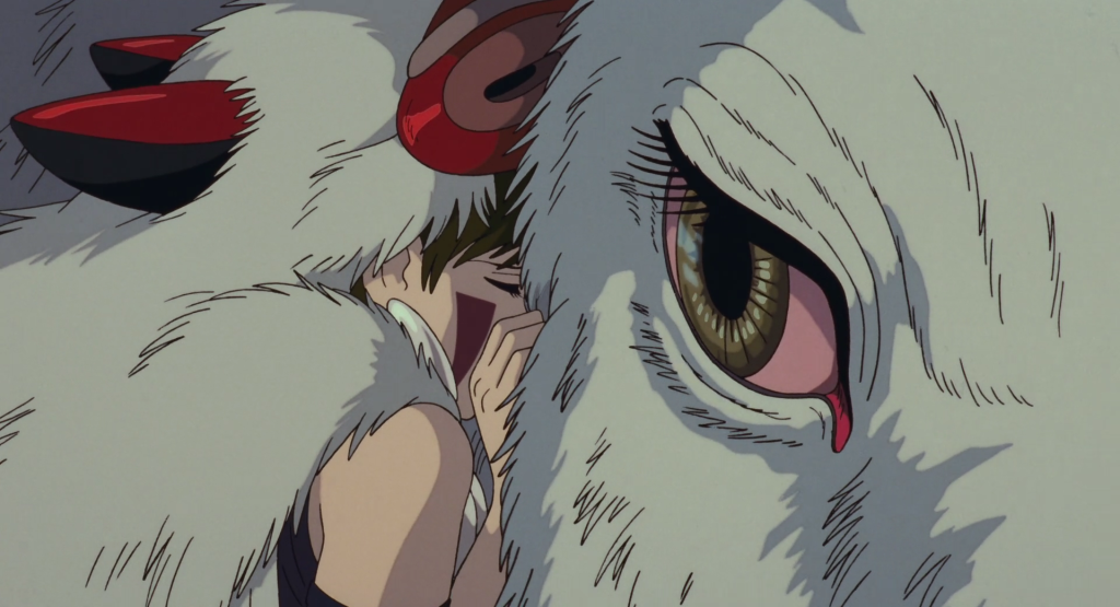 Image de Mononoké qui fait un câlin à sa mère adoptive extrait du film Princesse Mononoké créé par le studio Ghibli