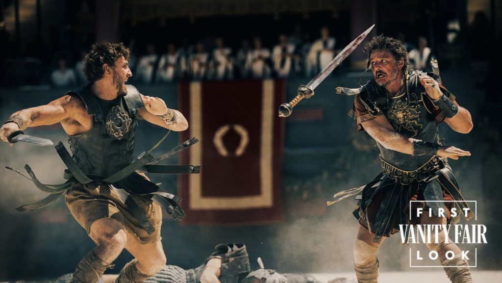Paul Mescal qui se bat contre Pedro Pascal dans le film Gladiator II