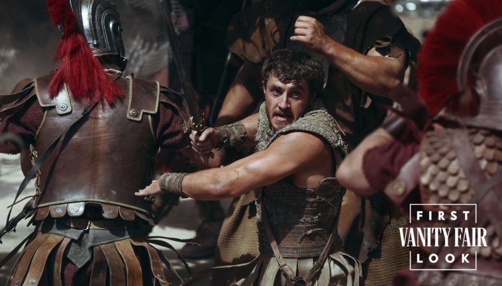 Paul Mescal (Lucius) qui se bat contre des soldats romains pour le film Gladiator II. La sortie du film est un grand moment de la pop culture