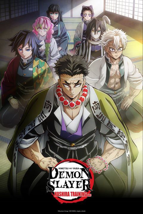 Affiche de la saison 4 de Demon Slayer avec tous les piliers assis sur le sol.