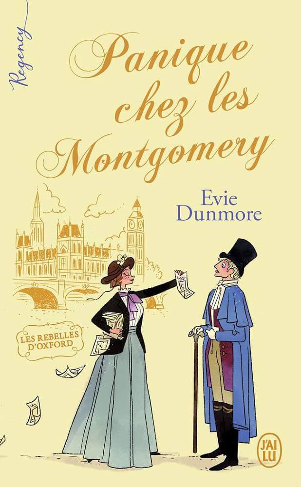 Couverture du livre Panique chez les Montgomery. C'est un livre parfait pour les fans de Bridgerton, sur le dessin on y voit une jeune femme tenir une feuille face à un duc surpris.
