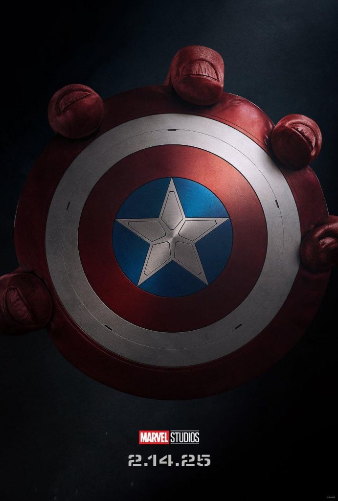 Affiche du film Captain America : Brave New World où Red Hulk tient le bouclier de Captain America avec la date de sortie du film. News pop culture de la semaine.