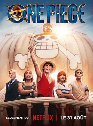 Poster de la série One Piece un animé très populaire dans la pop culture. On y voit Luffy, Usopp, Nami, Sanji et Zoro sur un bateau