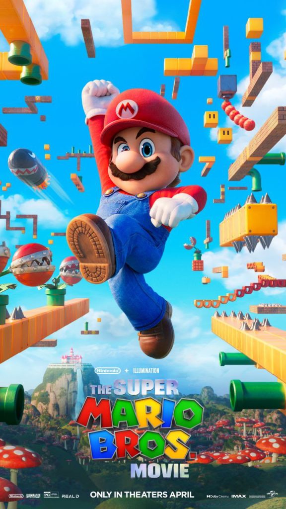 Poster du film Mario Bros avec Mario qui saute dans les airs comme dans le jeu vidéo. Film pour soirée en famille.